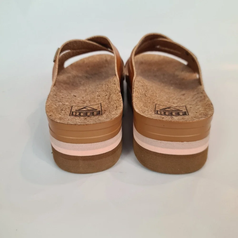 Reef Cushion Bloom Hi Womens Tan Platform Slide Sandals Size 7 Chunky Cork
